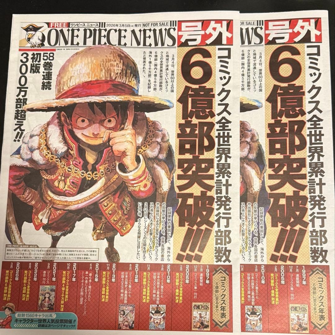 ONE PIECE Special Extra Newspaper 6 Billion Copies Commemoration Japan Limited Set of 2