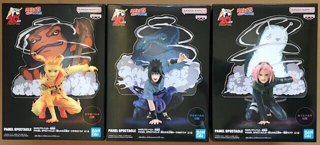 NARUTO Shippuden Spectacle Panel Figure Set with Naruto Sasuke Sakura and Logo